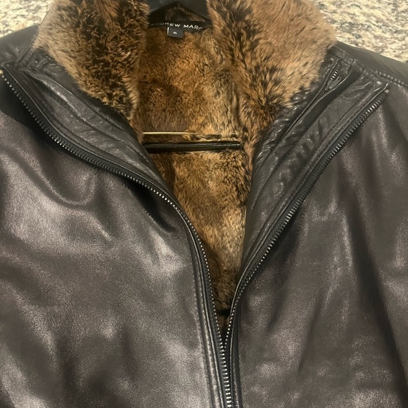 Andrew Marc Black Leather Bomber Jacket with removable Brown Fur Lining